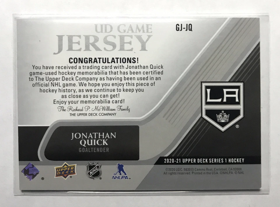 2020-21 Upper Deck Hockey Series 1 UD Game Jersey Jonathan Quick GJ-JQ - Image 2 of 2