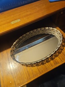 Vintage Gold Tray Vanity Dresser Oval Mirror Filagree 13"1/2 Flowers