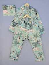 Indian Jungle Printed Hippie Cotton Green Women Fall Top Pajama set Sleepwearset
