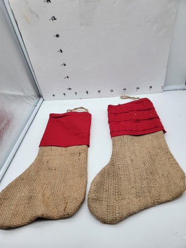 Burlap Christmas Stockings Red Top Rustic Farmhouse Decor set of 2 - Picture 4 of 7
