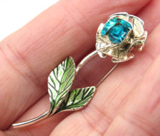 Vintage Enamel leaf ble rhinestone flowe Silver Tone Brooch Pin-1.75"