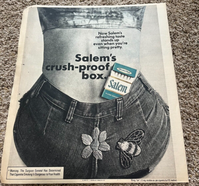 1974 Salem Cigarettes Crush-Proof Box Newspaper Print Ad - Woman's Jeans
