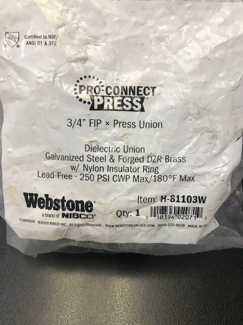 Webstone Dielectric Union 3/4" FIP x Press Union H-81103W