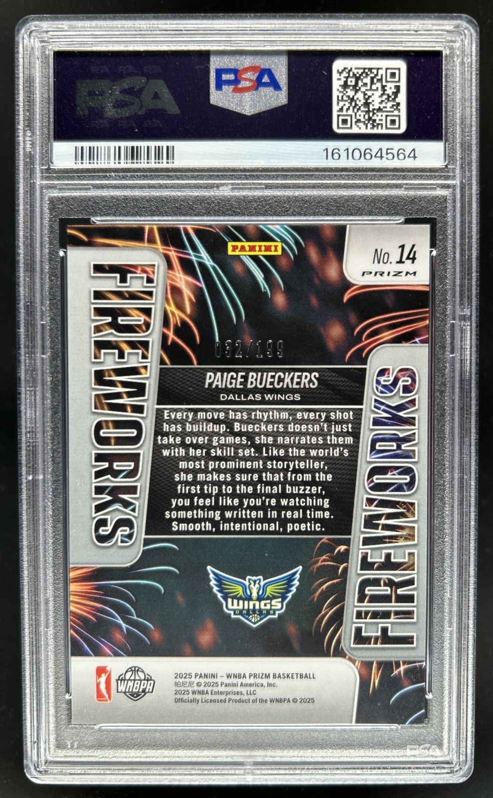 2025 Panini WNBA Prizm Paige Bueckers Fireworks Blue Pulsar RC #/199 PSA 10 view 2