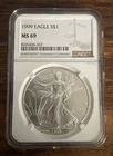 🔥 1999 American Silver Eagle NGC MS69 💎 1oz .999 Fine Silver