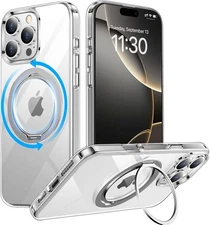 Temdan iPhone 16 Pro Case, 360° Rotatable Ring Magsafe Military Grade 6.3” Clear