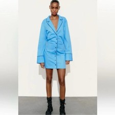 ZARA Short Trench Coat Deep V-Neck Cotton Button-Up Shirt Dress Blue Size Large