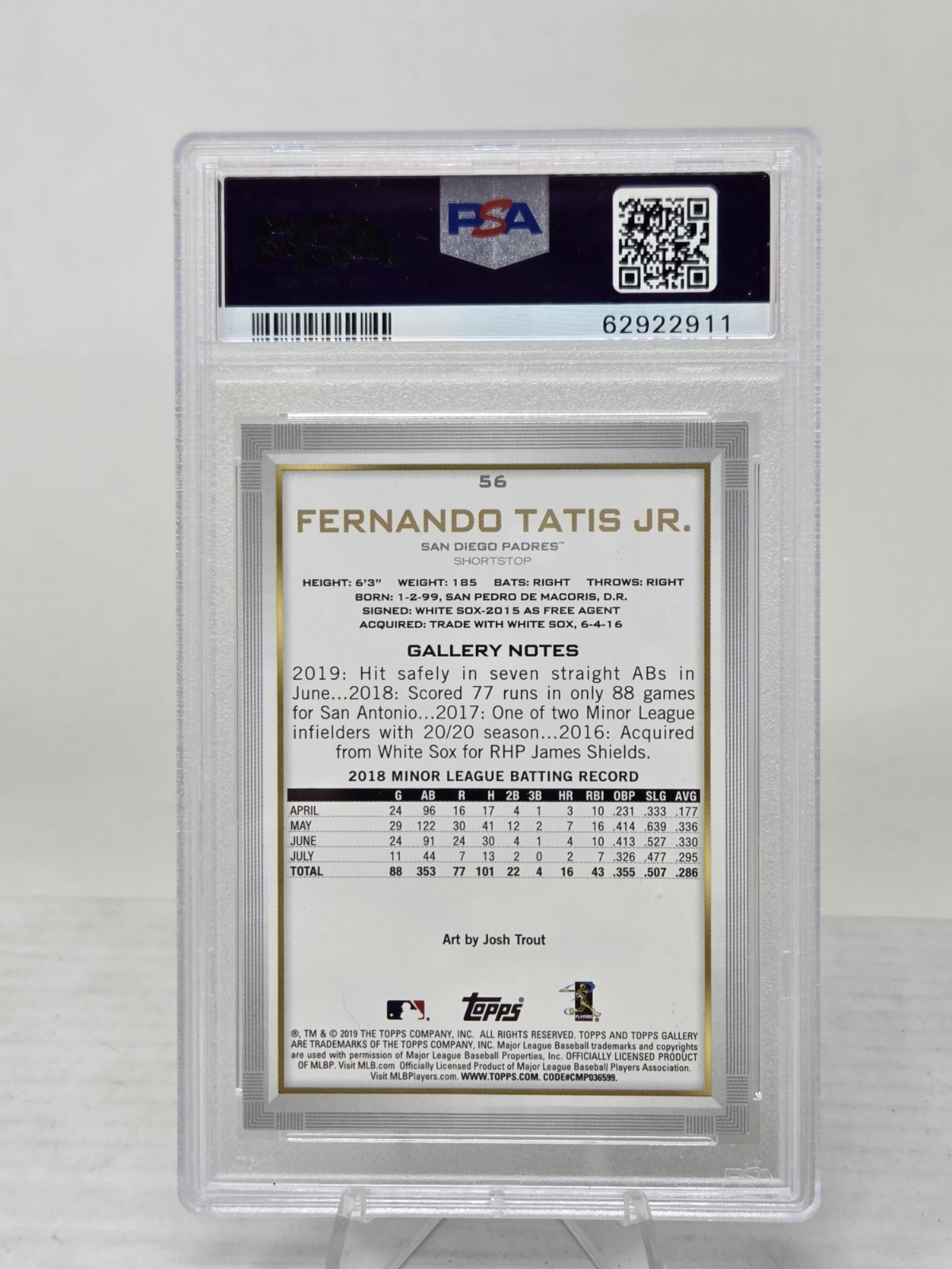 2019 Topps Gallery FERNANDO TATIS JR. Rookie Card PSA 10 Gem Mint view 2