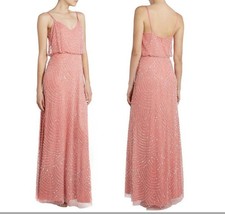 Adrianna Papell Art Deco Sequin Beaded Blouson Gown Pink Spaghetti Straps Sz 10