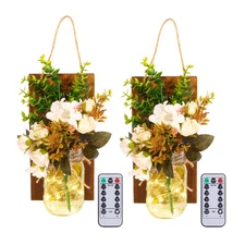 2 Pack Mason Jar Wall Light Outdoor Indoor Remote Timer Hanging LED Sconce Lamp