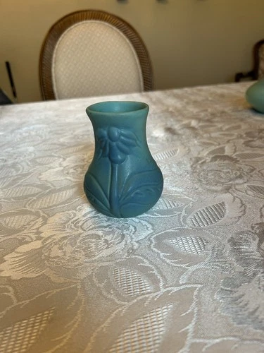 Van Briggle Matte  Turquoise Vase Flower Design