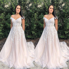 Blush Pink Wedding Dresses Beaded Sleeveless Elegant Lace up Tulle Bridal Gowns