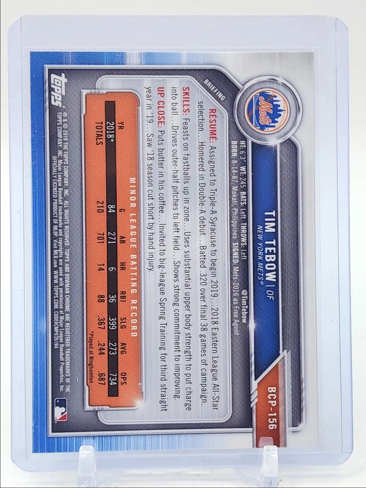 TIM TEBOW 2019 BOWMAN CHROME 1ST BASEBALL METS #BCP-156 Q3152 - Image 2 of 2