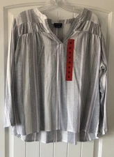 Splendid Top Women Medium Blue Multi Striped L/S V-Neck Rayon/Linen BL NWT