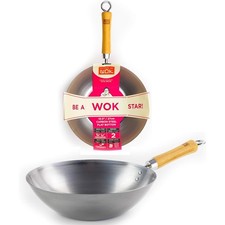 Image of School of Wok 27cm Carbon Steel Flat Bottom Wok Induction Safe Bamboo Handle