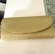 Gold Metallic Glitter Clutch Evening Bag w/ Detachable Silver Chain Strap