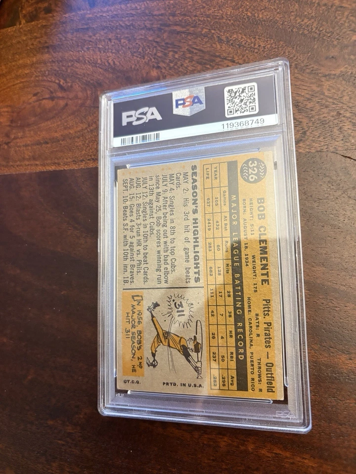 1960 Topps Roberto Clemente #326 PIRATES HOF PSA 2 **First Name "Bob" On Card** - Image 2 of 2
