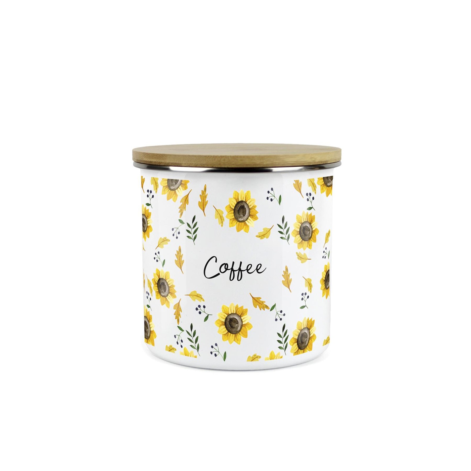 Sunflowers Coffee Canister - Yellow Floral Enamel Kitchen Storage Jar Gift