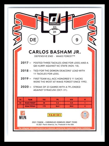2021 Chronicles Donruss Draft Picks - Carlos Basham Jr #31 (RC) - Picture 2 of 2