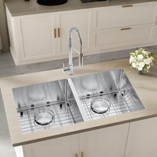 32" Undermount Combo Sink 18 Gauge Double Bowl 304 Stainless Steel Kitchen Sink
