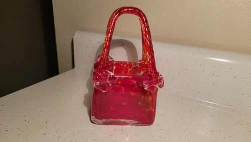 VINTAGE MURANO VINCENZA ? HAND BLOWN ART GLASS PURSE RED CLEAR HANDLES