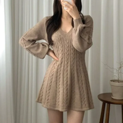 Woman Mini Dress A Line Flared Knitted Dress Streetwear Chic Vintage Dress  Robe | eBay