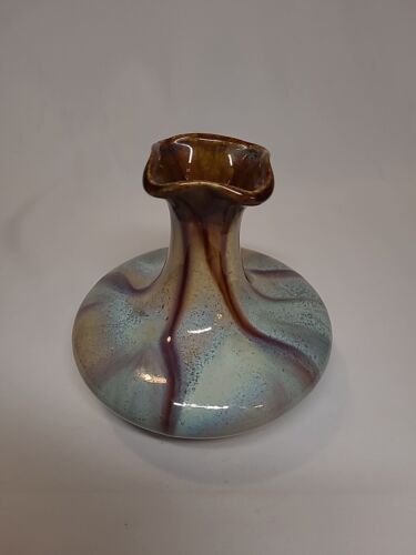 Faiencerie Thulin Belgium vaso in ceramica smaltata blu e marrone 5 in - Foto 2 di 5
