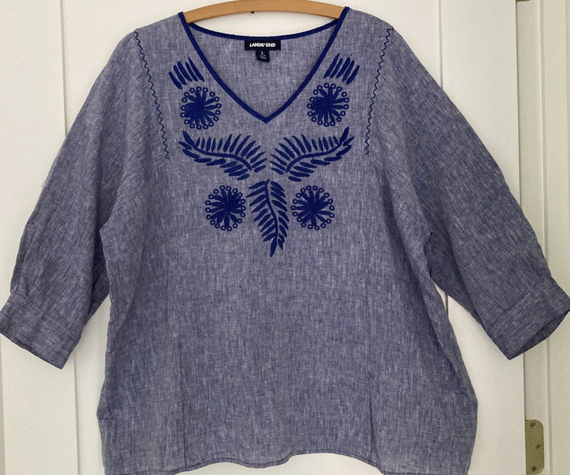 LANDS' END Embroidered Front V-Neck 3/4 Sleeves Relax Fit Pullover Linen Sz Lg