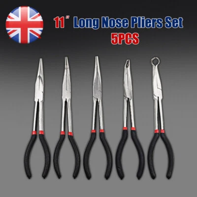5X 280mm 11'' Long Reach Nose Pliers Set Straight Bent Tip Mechanic Hose Gripper
