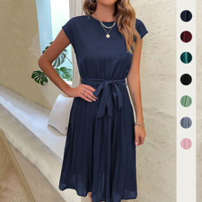 Women's Dress New Summer Versatile Holiday Lace Up Solid Pleated Dress