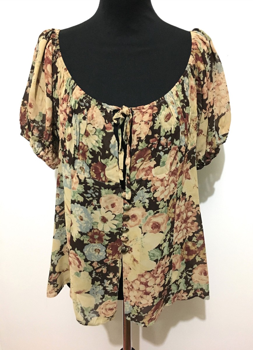 Chemise Vintage Années 80 Femme - Viscose/ Rayon - Motif Fleurs - Taille L (IT 46) - Occasion TB