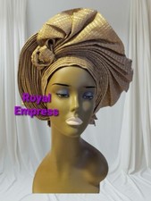 Aso-Oke African Headtie Auto Gele, Gold Empress headwear
