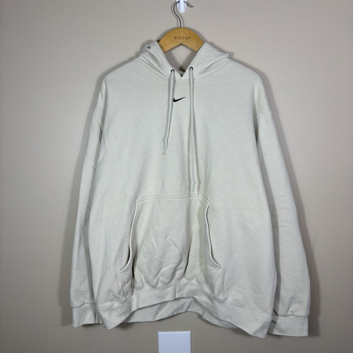 Vintage 90s Nike Center Swoosh Hoodie Sweatshirt Gray Tag Beige Cream Tan  Travis