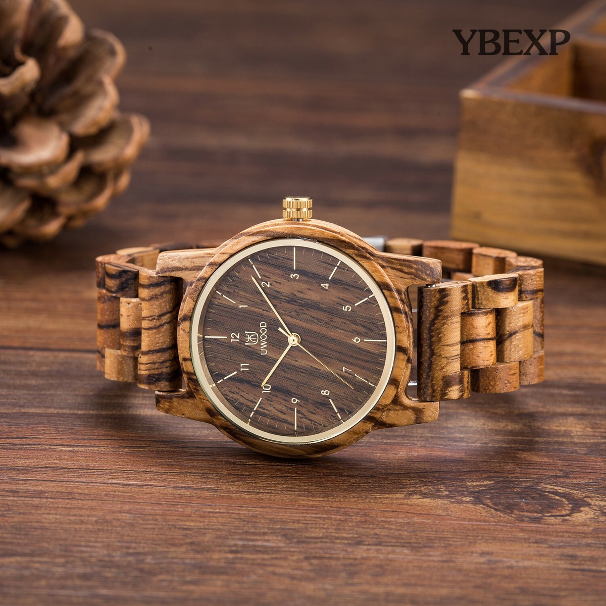 Unisex Zebra Uwood Series 40 mm Natural Handmade Wood Adjustable Band Wristwatch LeeEv Natural Zebra Wood Watches for Men – UWOOD main image 3