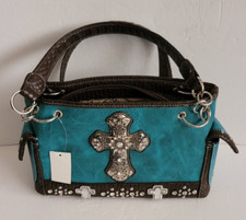 Western Rhinestone Cross Accent Teal and Brown Handbag -NWT