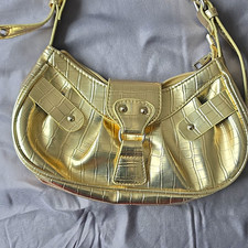Gold Metallic Faux Leather Croc Crescent Shoulder Bag Zip Magnetic Y2K Bag