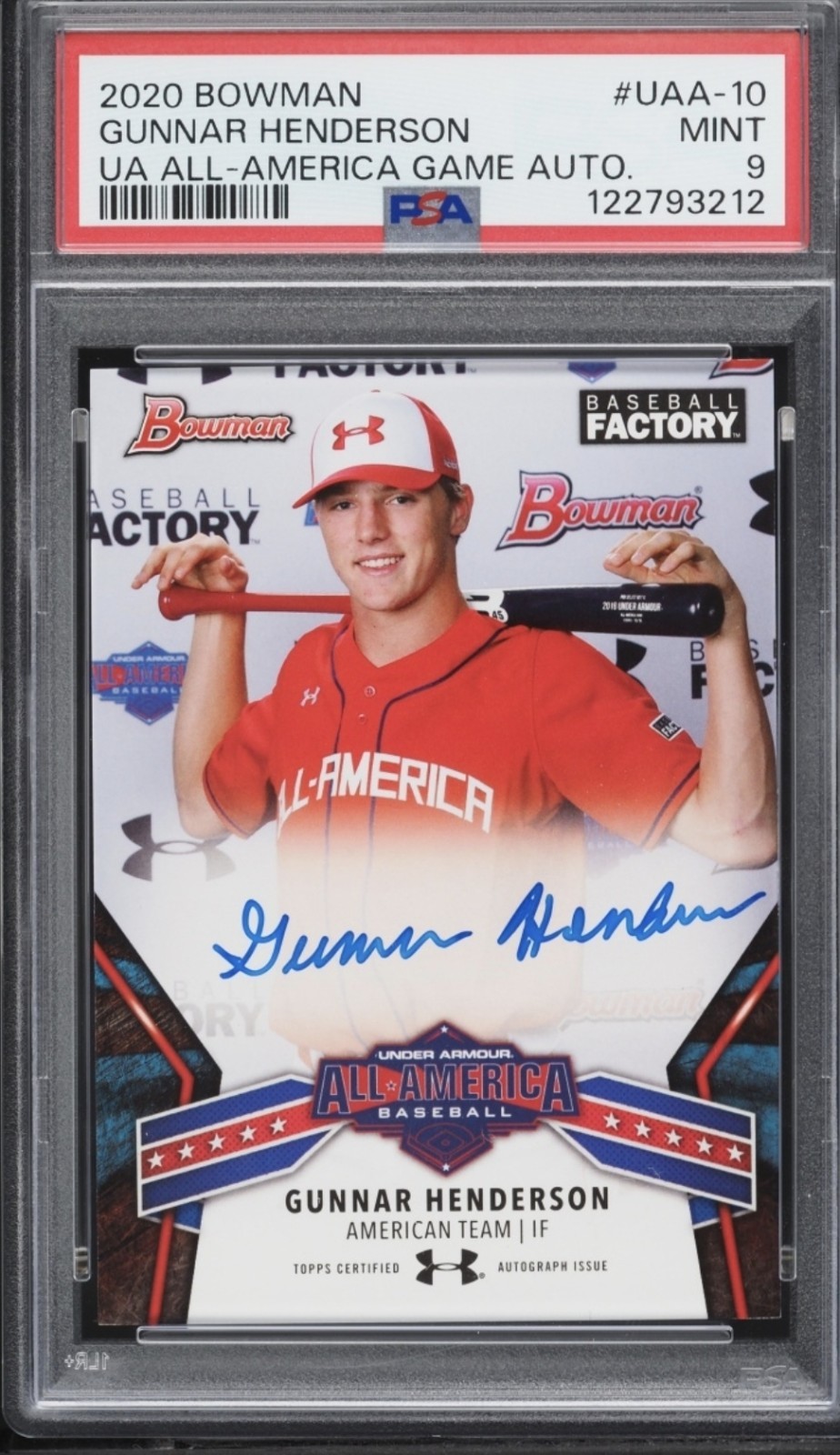 GUNNAR HENDERSON UA ALL-AMERICAN GAME ON CARD AUTOGRAPH -2020 BOWMAN - PSA 9
