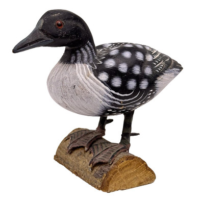 Vtg Wood Loon Decoy Miniature Hand Carved Painted Red Glass Eyes 3.5'' Decor