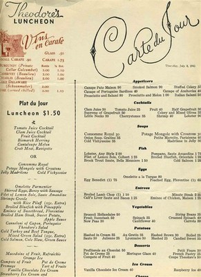 Theodore's Menu 1943 New York City Private Cellar Colcombert & Schoonmaker Wine 