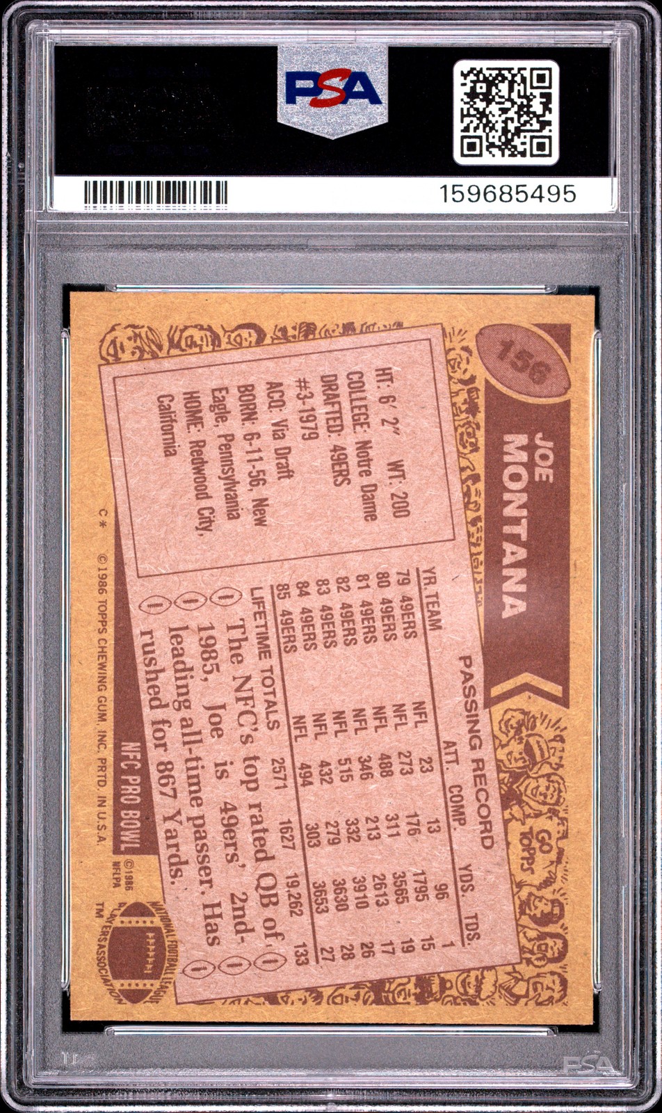 1986 TOPPS #156 JOE MONTANA PSA 7 view 2