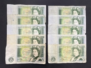 Bank Of England £1 Pound "Elizabeth II" Vintage Banknote Set (10) LOT: 2308 004