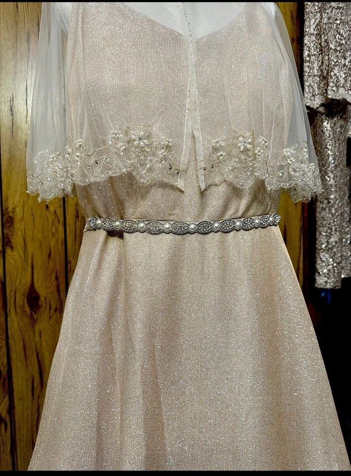 Mujer Vestido de Noche Dorado Champagne Faja Cinturón Capa NUEVO Talla 21-18W David Novia Foto 2 de 4
