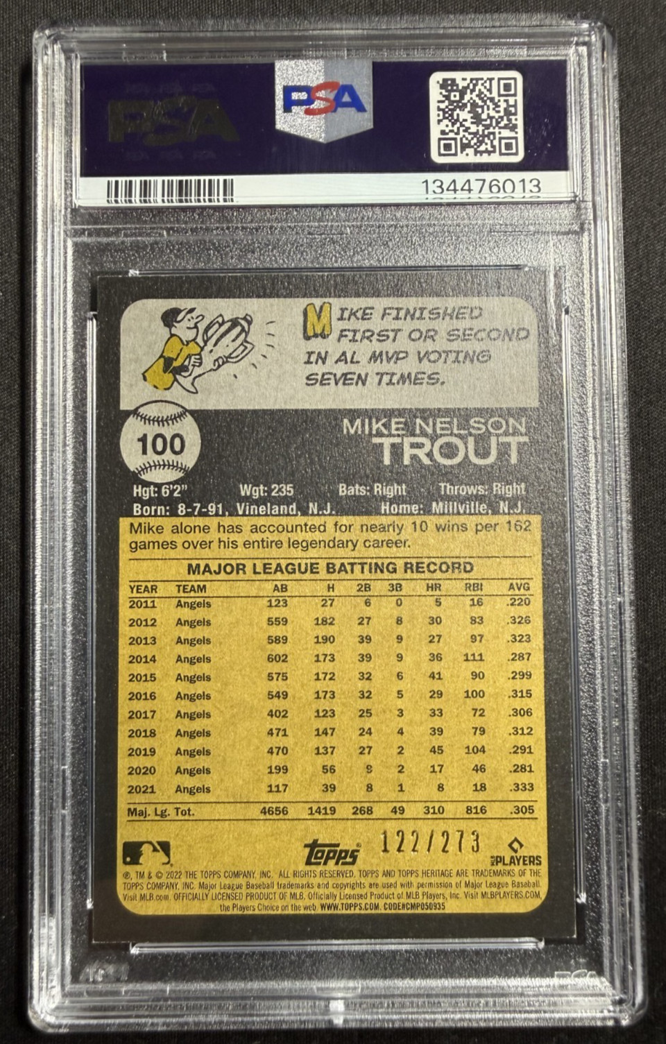 2022 Topps Heritage Chrome Green Refractor #100 Mike Trout PSA 9 view 2