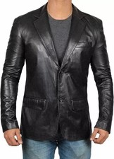 Men's Genuine Lambskin Leather Blazer Black Casual Formal Button Handmade Coat