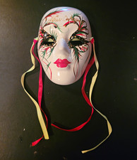 White Full Face Mardi Gras Masquerade Mask Red Lips Floral Adjustable Ribbon