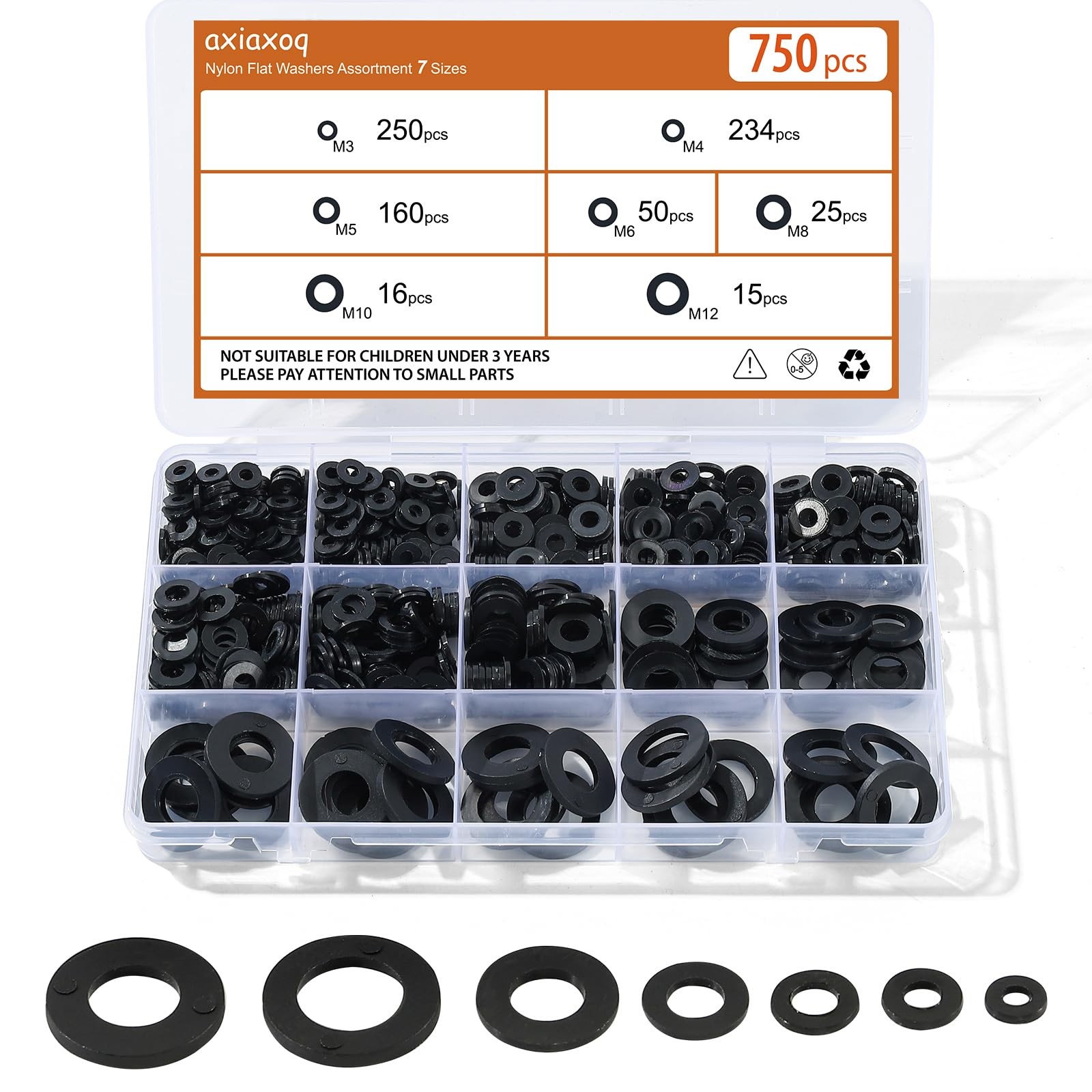 750PCS Nylon Flat Washers for Screws M3, M4, M5, M6, M8, M10, M12, Black