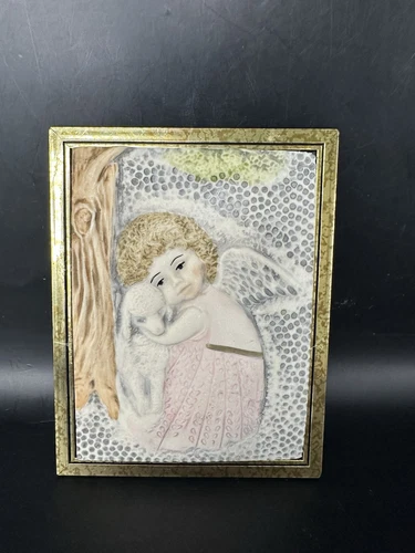 Vintage bas relief plaque Angel Lamb Italy Wall Decor 5 1/4”