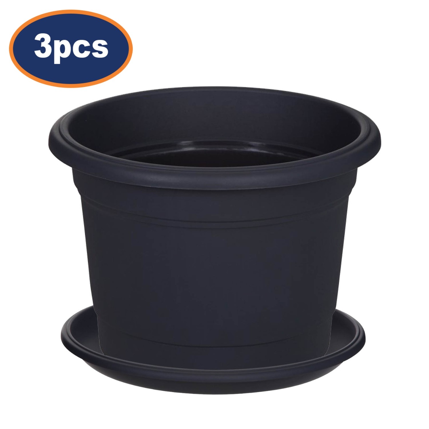 3Pcs 30cm Round Black Planter & Drip Saucer Milano Traditional Garden Plant Pot