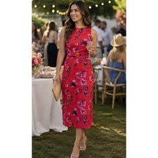 New Banana Republic Womans 6 Dress Red Floral Poppy V Back Sleeveless Lined Midi