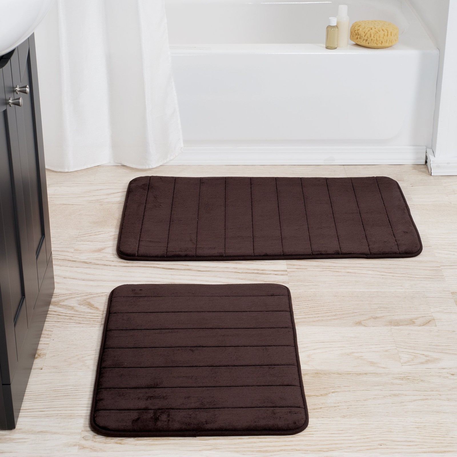 Bathroom Rug Set-2-Piece Memory Foam Bathmats-Striped Microfiber Top-Non-Slip...
